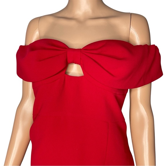 Self-Portrait Red Crepe Bow Midi Dress Size 8 NWT Off-Shoulder Side Slit - Picture 6 of 14